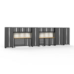 Newage Products Bold 3.0 Series 15-Piece Garage Cabinet Set With Project Center-56193-Grey-Bamboo Worktop-LED Lights + Slatwall Backsplash-Garage Giant 