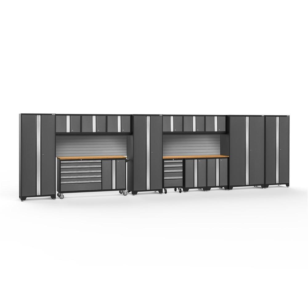 Newage Products Bold 3.0 Series 15-Piece Garage Cabinet Set With Project Center-56191-Grey-Bamboo Worktop-Slatwall Backsplash-Garage Giant
