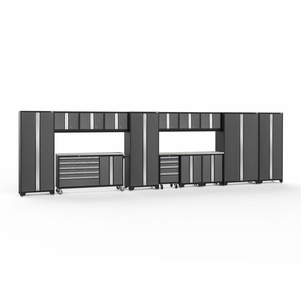 Newage Products Bold 3.0 Series 15-Piece Garage Cabinet Set With Project Center-56188-Grey-Stainless Steel Worktop-None-Garage Giant