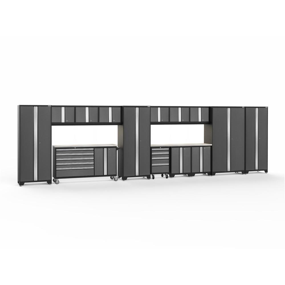 Newage Products Bold 3.0 Series 15-Piece Garage Cabinet Set With Project Center-56190-Grey-Stainless Steel Worktop-LED Lights-Garage Giant