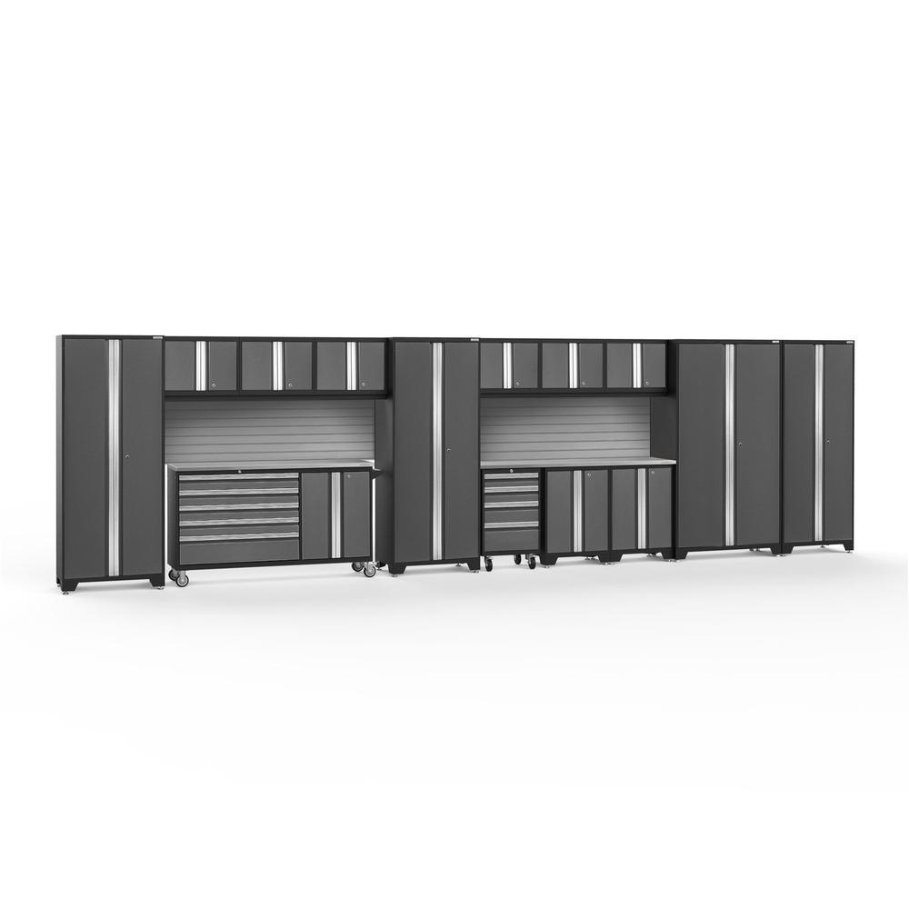Newage Products Bold 3.0 Series 15-Piece Garage Cabinet Set With Project Center-56192-Grey-Stainless Steel Worktop-Slatwall Backsplash-Garage Giant