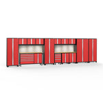 Newage Products Bold 3.0 Series 15-Piece Garage Cabinet Set With Project Center-56539-Red-Bamboo Worktop-LED Lights + Slatwall Backsplash-Garage Giant 