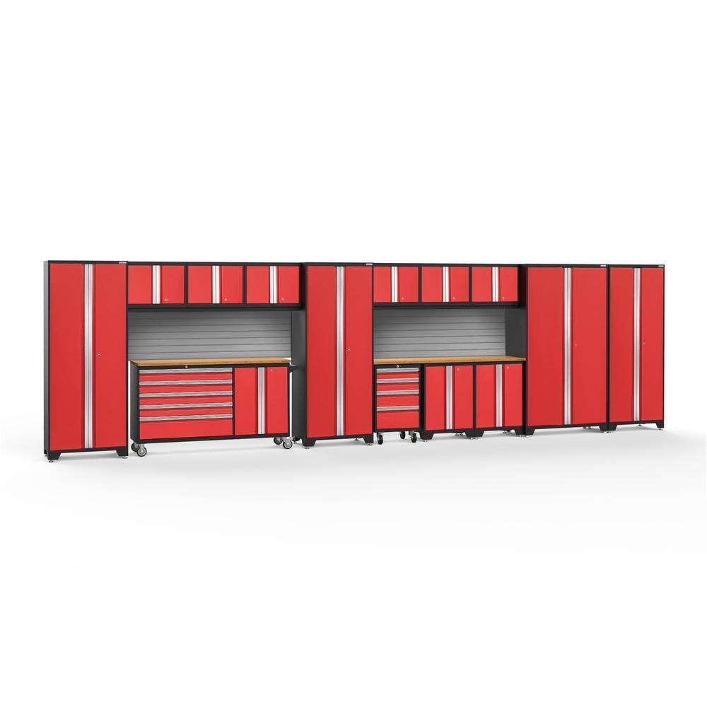 Newage Products Bold 3.0 Series 15-Piece Garage Cabinet Set With Project Center-56537-Red-Bamboo Worktop-Slatwall Backsplash-Garage Giant