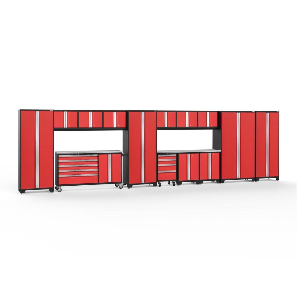 Newage Products Bold 3.0 Series 15-Piece Garage Cabinet Set With Project Center-56534-Red-Stainless Steel Worktop-None-Garage Giant