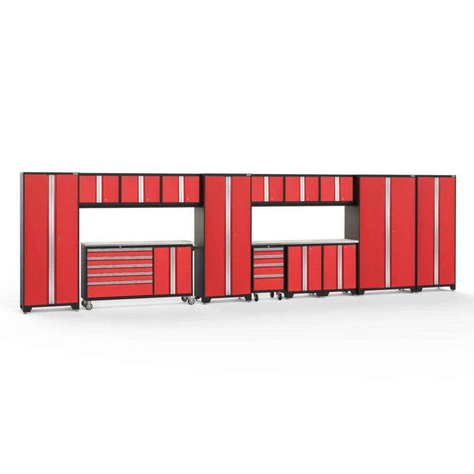 Newage Products Bold 3.0 Series 15-Piece Garage Cabinet Set With Project Center-56536-Red-Stainless Steel Worktop-LED Lights-Garage Giant
