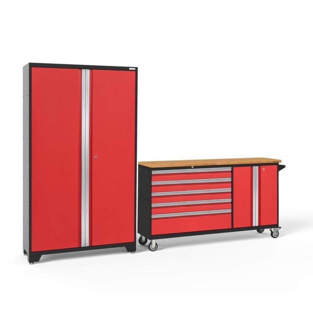 Newage Products Bold 3.0 Series 2-Piece Garage Cabinet Set With Project Center-56215-Red-Bamboo Worktop-None-Garage Giant