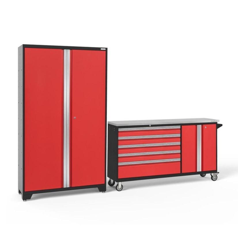 Newage Products Bold 3.0 Series 2-Piece Garage Cabinet Set With Project Center-56216-Red-Stainless Steel Worktop-None-Garage Giant