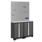 Newage Products Bold 3.0 Series 3-Piece Garage Cabinet Set With Slatwall-50663-Bamboo Worktop-16 sq. ft. Steel Slatwall-Garage Giant 