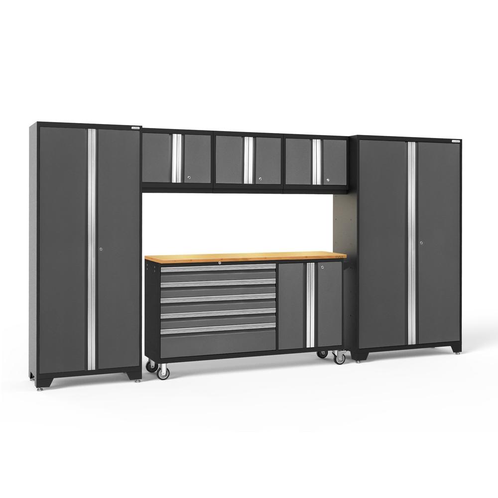 Newage Products Bold 3.0 Series 6-Piece Garage Cabinet Set With Project Center-50486-Grey-Bamboo Worktop-LED Lights-Garage Giant