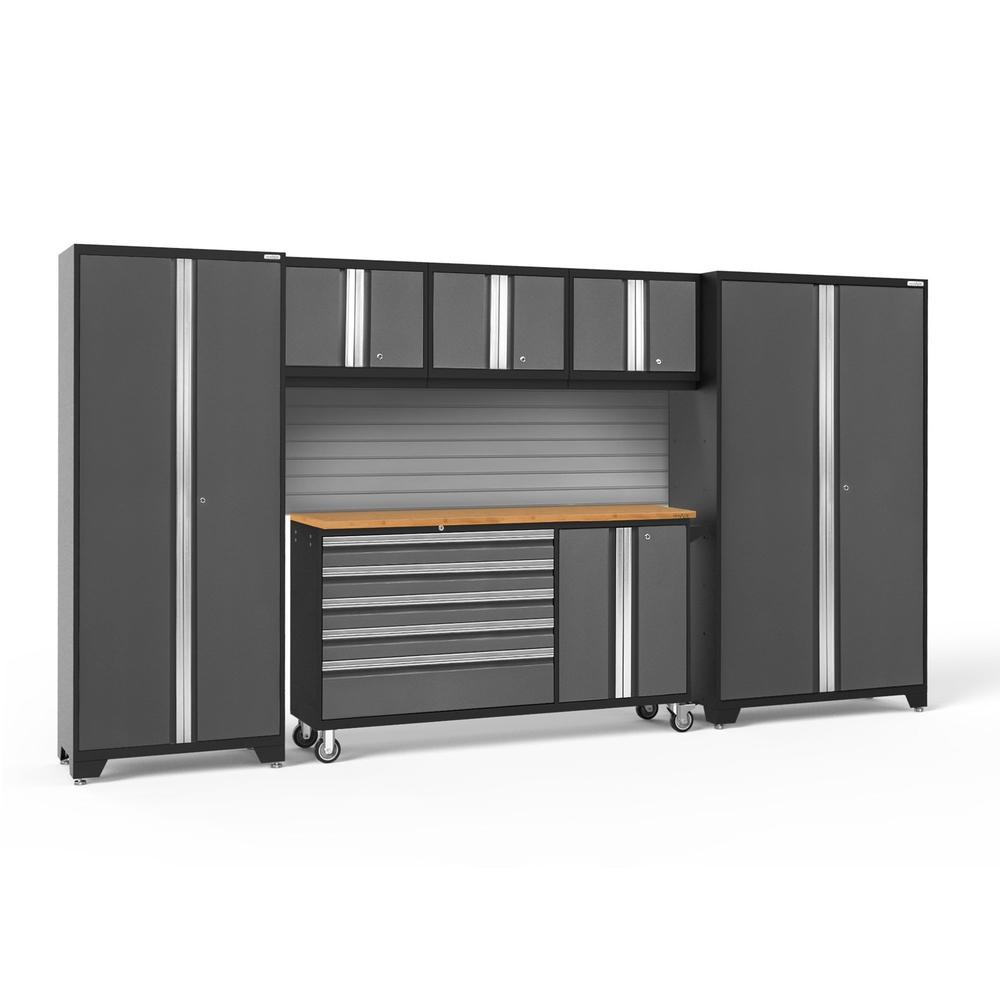 Newage Products Bold 3.0 Series 6-Piece Garage Cabinet Set With Project Center-50488-Grey-Bamboo Worktop-Slatwall Backsplash-Garage Giant