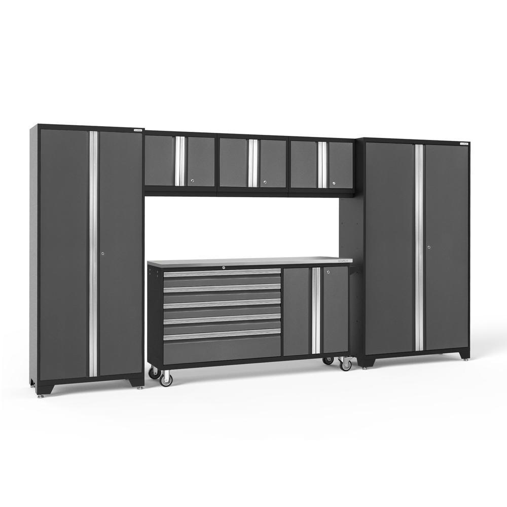 Newage Products Bold 3.0 Series 6-Piece Garage Cabinet Set With Project Center-50485-Grey-Stainless Steel Worktop-None-Garage Giant