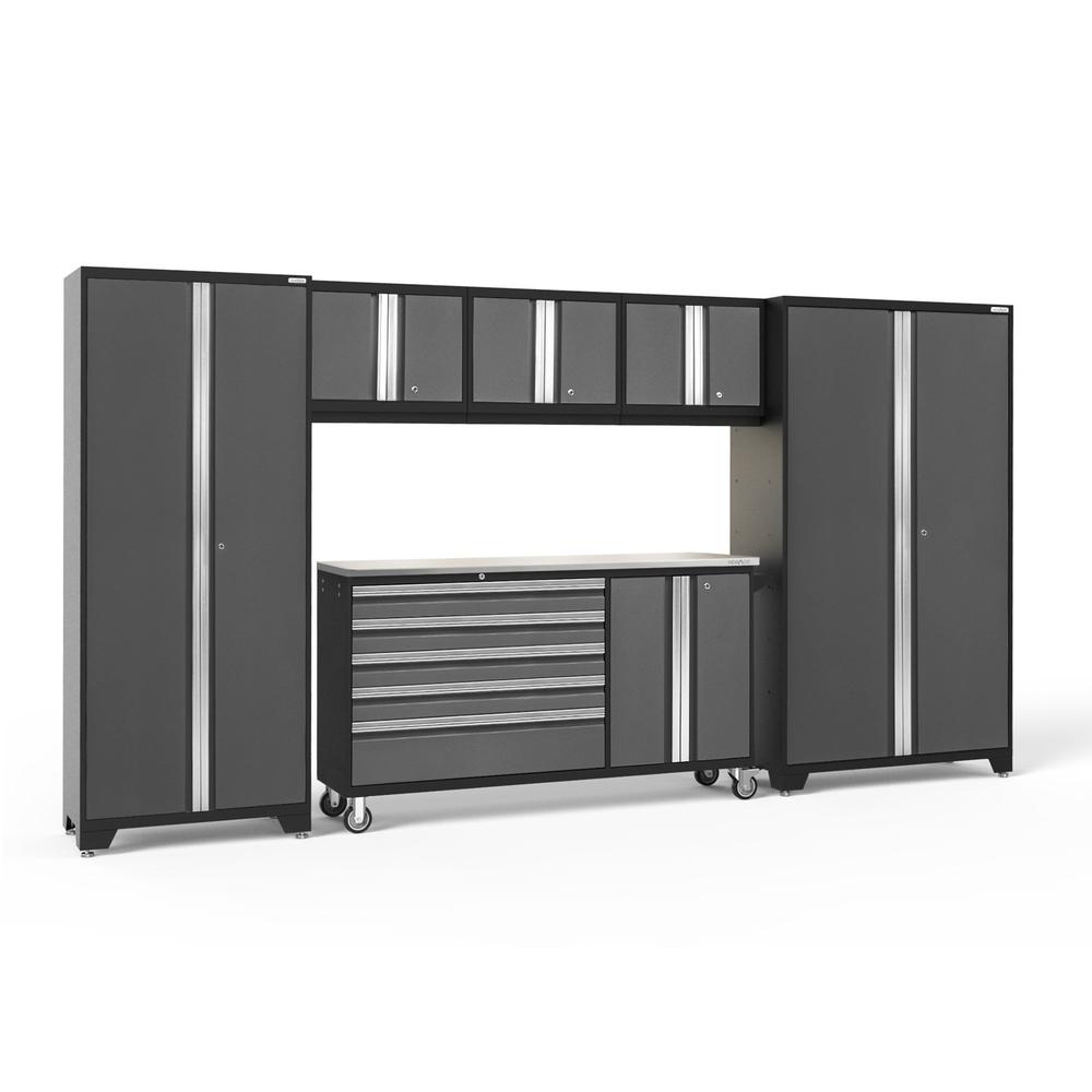 Newage Products Bold 3.0 Series 6-Piece Garage Cabinet Set With Project Center-50487-Grey-Stainless Steel Worktop-LED Lights-Garage Giant