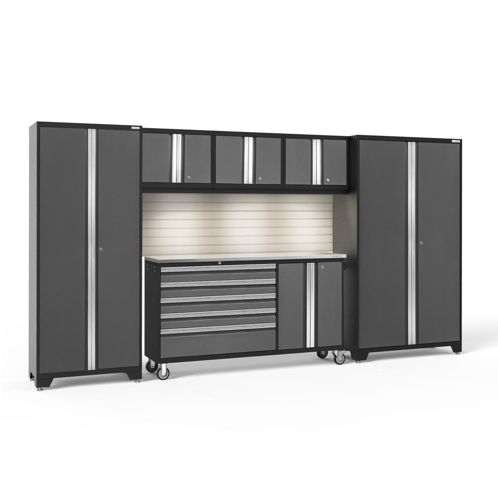 Newage Products Bold 3.0 Series 6-Piece Garage Cabinet Set With Project Center-50491-Grey-Stainless Steel Worktop-LED Lights + Slatwall Backsplash-Garage Giant