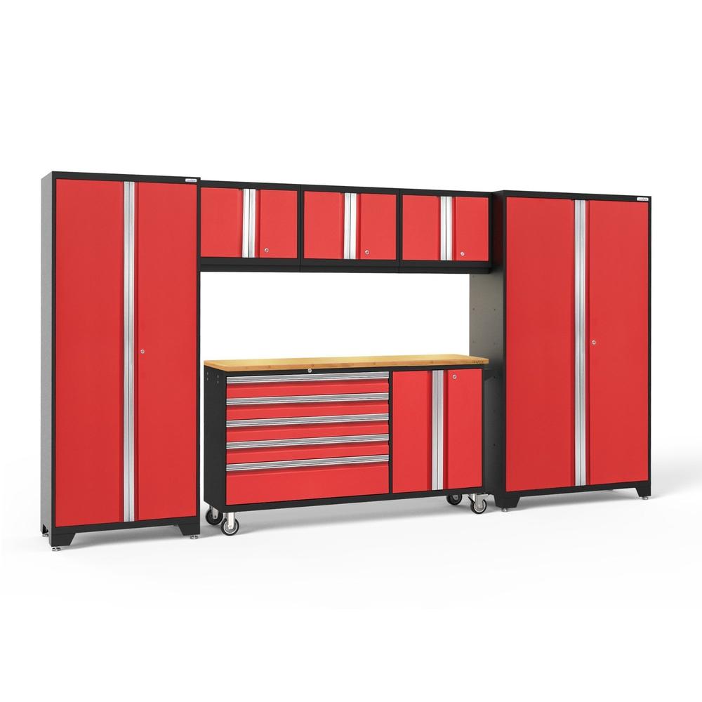 Newage Products Bold 3.0 Series 6-Piece Garage Cabinet Set With Project Center-56263-Red-Bamboo Worktop-LED Lights-Garage Giant