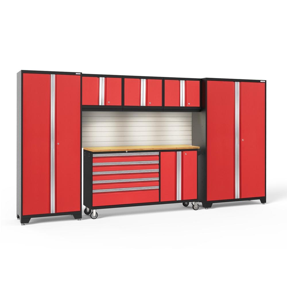 Newage Products Bold 3.0 Series 6-Piece Garage Cabinet Set With Project Center-56267-Red-Bamboo Worktop-LED Lights + Slatwall Backsplash-Garage Giant