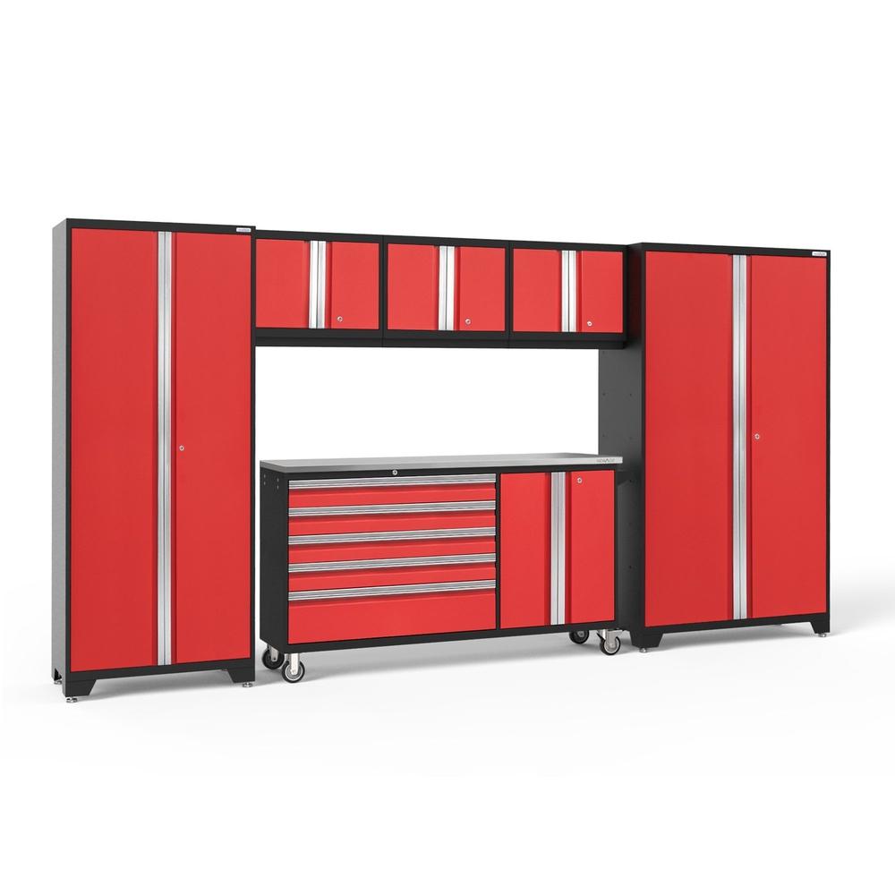 Newage Products Bold 3.0 Series 6-Piece Garage Cabinet Set With Project Center-56262-Red-Stainless Steel Worktop-None-Garage Giant