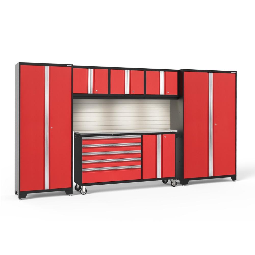 Newage Products Bold 3.0 Series 6-Piece Garage Cabinet Set With Project Center-56268-Red-Stainless Steel Worktop-LED Lights + Slatwall Backsplash-Garage Giant