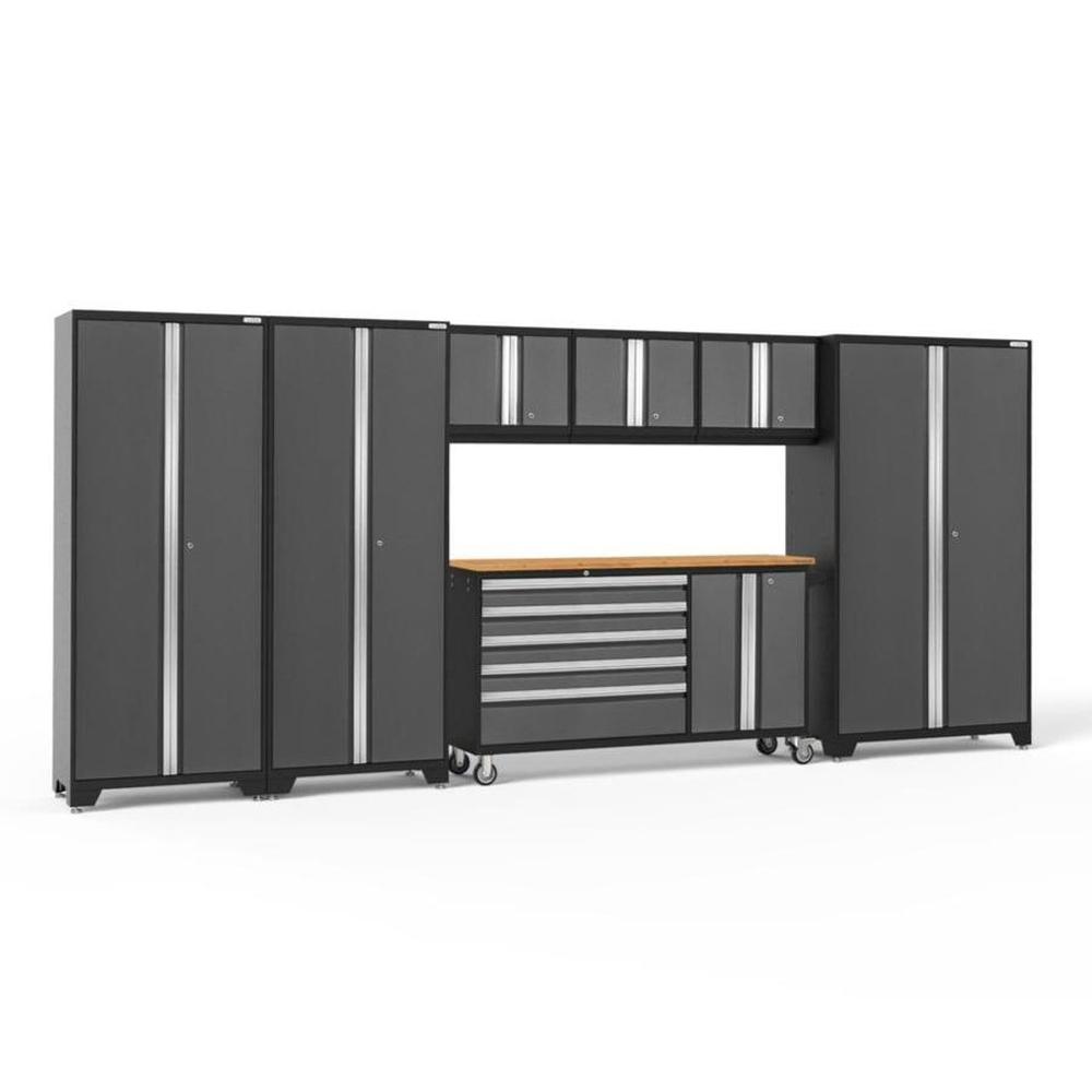 Newage Products Bold 3.0 Series 7-Piece Garage Cabinet Set With Project Center-50506-Grey-Bamboo Worktop-None-Garage Giant