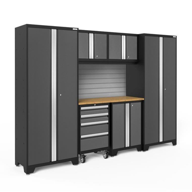 Newage Products Bold 3.0 Series 7-Piece Garage Cabinet Set-50402-Grey-Bamboo Worktop-Slatwall Backsplash-Garage Giant