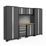 Newage Products Bold 3.0 Series 7-Piece Garage Cabinet Set-50402-Grey-Bamboo Worktop-Slatwall Backsplash-Garage Giant 