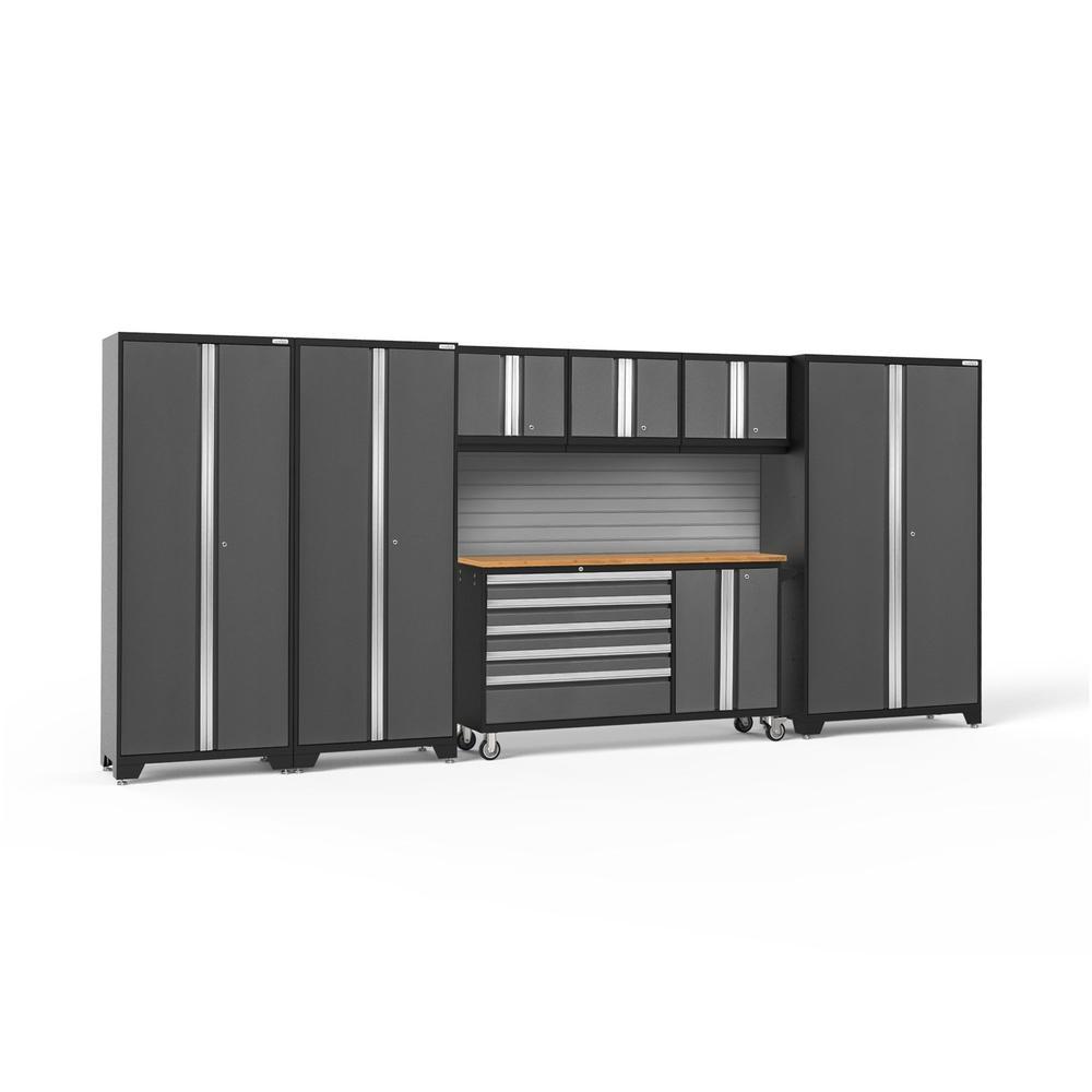 Newage Products Bold 3.0 Series 7-Piece Garage Cabinet Set With Project Center-50590-Grey-Bamboo Worktop-Slatwall Backsplash-Garage Giant