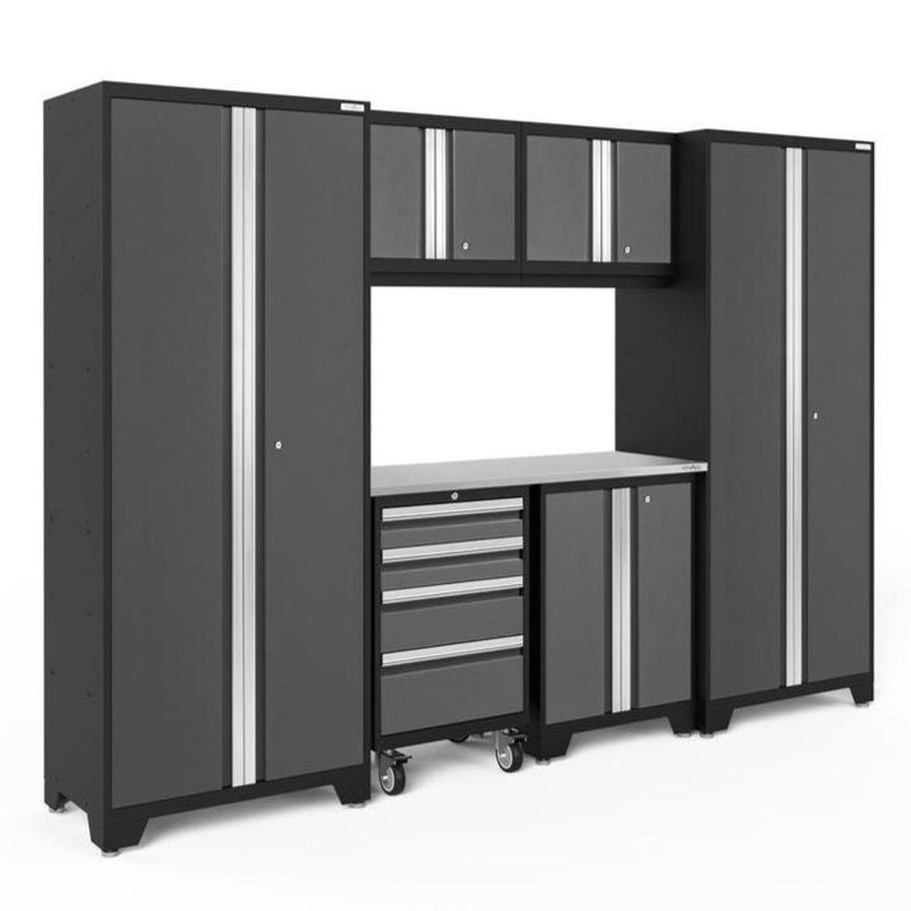 Newage Products Bold 3.0 Series 7-Piece Garage Cabinet Set-50420-Grey-Stainless Steel Worktop-None-Garage Giant
