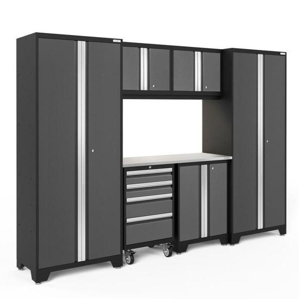 Newage Products Bold 3.0 Series 7-Piece Garage Cabinet Set-50442-Grey-Stainless Steel Worktop-LED Lights-Garage Giant
