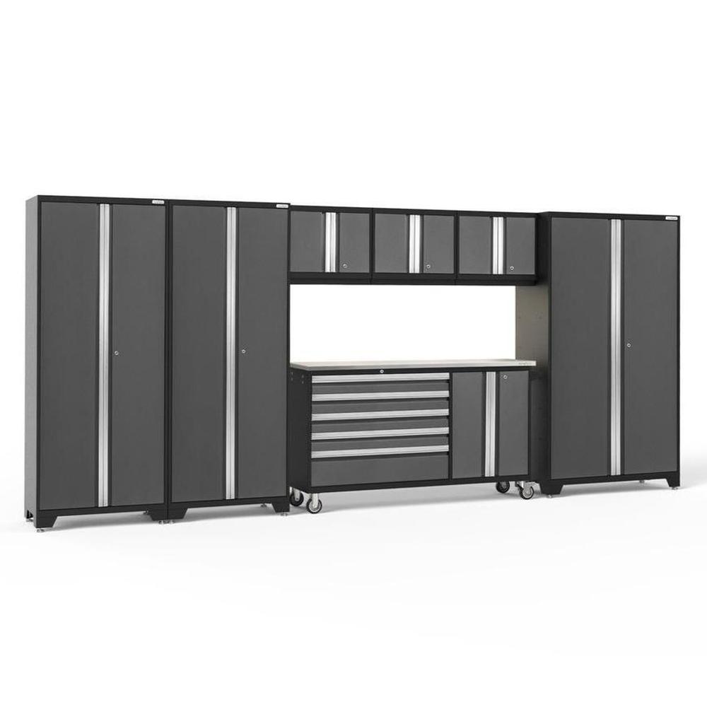 Newage Products Bold 3.0 Series 7-Piece Garage Cabinet Set With Project Center-50589-Grey-Stainless Steel Worktop-LED Lights-Garage Giant