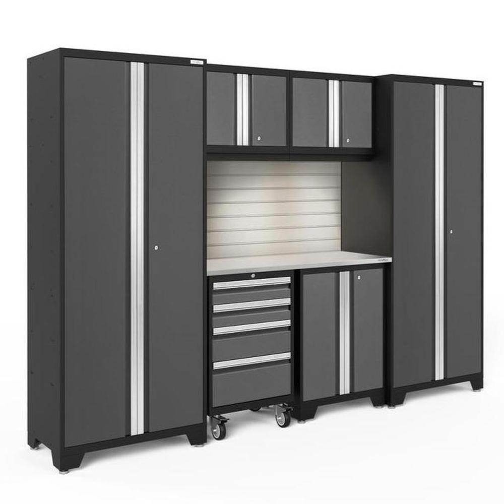 Newage Products Bold 3.0 Series 7-Piece Garage Cabinet Set-50403-Grey-Stainless Steel Worktop-LED Lights + Slatwall Backsplash-Garage Giant