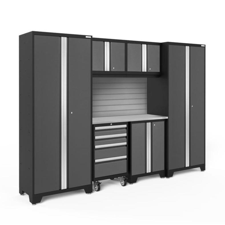 Newage Products Bold 3.0 Series 7-Piece Garage Cabinet Set-50199-Grey-Stainless Steel Worktop-Slatwall Backsplash-Garage Giant