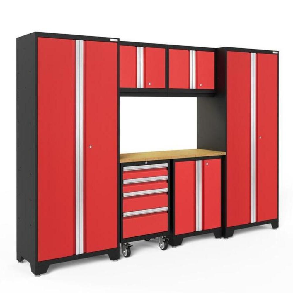 Newage Products Bold 3.0 Series 7-Piece Garage Cabinet Set-50643-Red-Bamboo Worktop-LED Lights-Garage Giant
