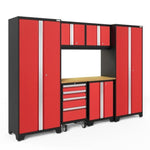 Newage Products Bold 3.0 Series 7-Piece Garage Cabinet Set-50643-Red-Bamboo Worktop-LED Lights-Garage Giant 