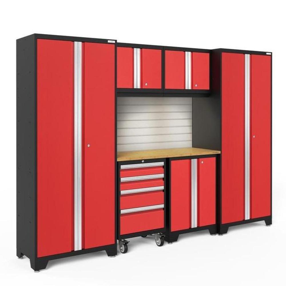 Newage Products Bold 3.0 Series 7-Piece Garage Cabinet Set-56222-Red-Bamboo Worktop-LED Lights + Slatwall Backsplash-Garage Giant