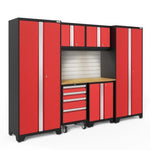 Newage Products Bold 3.0 Series 7-Piece Garage Cabinet Set-56222-Red-Bamboo Worktop-LED Lights + Slatwall Backsplash-Garage Giant 