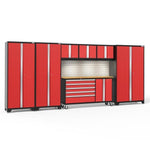 Newage Products Bold 3.0 Series 7-Piece Garage Cabinet Set With Project Center-56347-Red-Bamboo Worktop-LED Lights + Slatwall Backsplash-Garage Giant 