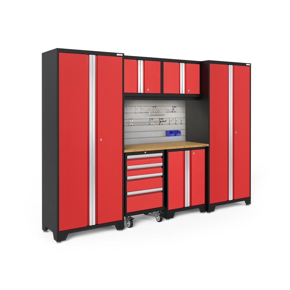Newage Products Bold 3.0 Series 7-Piece Garage Cabinet Set-50734-Red-Bamboo Worktop-LED Lights + Slatwall Backsplash + 12-Piece Hook Kit-Garage Giant