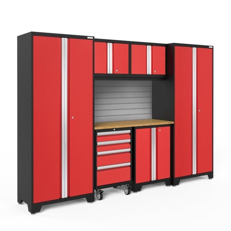 Newage Products Bold 3.0 Series 7-Piece Garage Cabinet Set-56220-Red-Bamboo Worktop-Slatwall Backsplash-Garage Giant