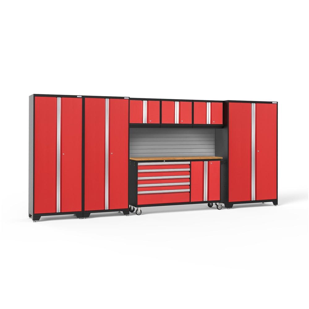 Newage Products Bold 3.0 Series 7-Piece Garage Cabinet Set With Project Center-56345-Red-Bamboo Worktop-Slatwall Backsplash-Garage Giant