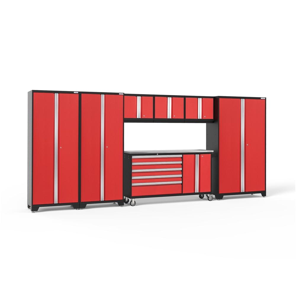 Newage Products Bold 3.0 Series 7-Piece Garage Cabinet Set With Project Center-56342-Red-Stainless Steel Worktop-None-Garage Giant