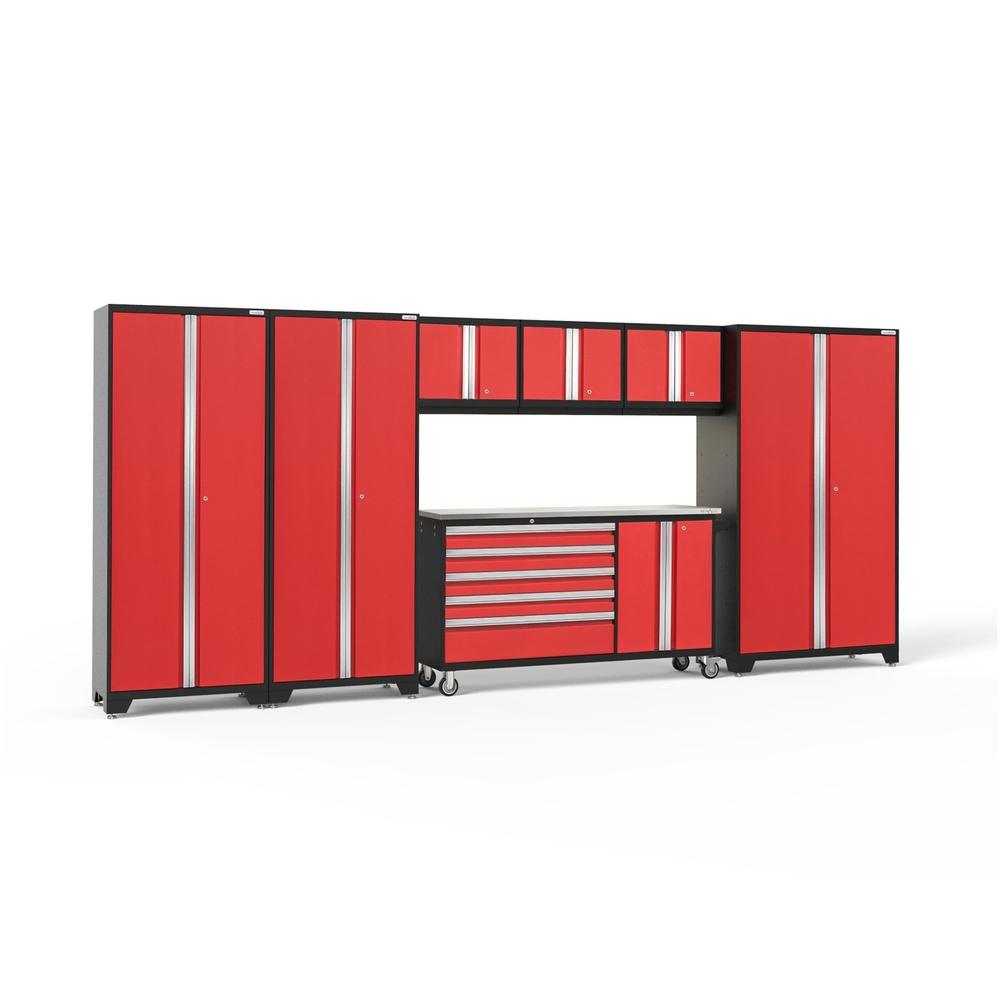 Newage Products Bold 3.0 Series 7-Piece Garage Cabinet Set With Project Center-56344-Red-Stainless Steel Worktop-LED Lights-Garage Giant