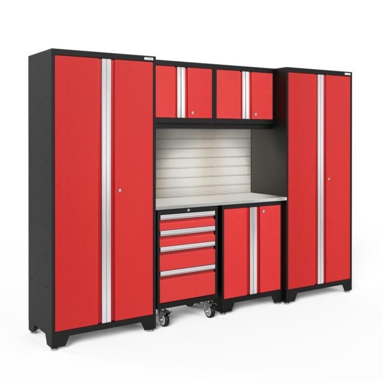 Newage Products Bold 3.0 Series 7-Piece Garage Cabinet Set-56221-Red-Stainless Steel Worktop-LED Lights + Slatwall Backsplash-Garage Giant