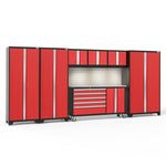 Newage Products Bold 3.0 Series 7-Piece Garage Cabinet Set With Project Center-56348-Red-Stainless Steel Worktop-LED Lights + Slatwall Backsplash-Garage Giant 