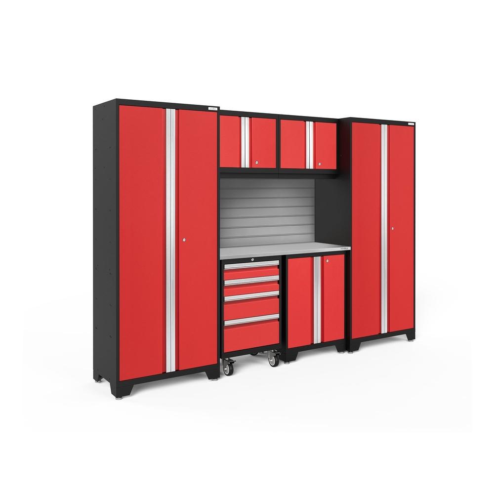 Newage Products Bold 3.0 Series 7-Piece Garage Cabinet Set-56219-Red-Stainless Steel Worktop-Slatwall Backsplash-Garage Giant