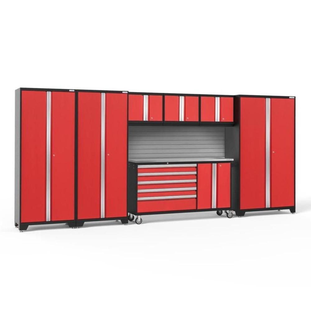 Newage Products Bold 3.0 Series 7-Piece Garage Cabinet Set With Project Center-56346-Red-Stainless Steel Worktop-Slatwall Backsplash-Garage Giant