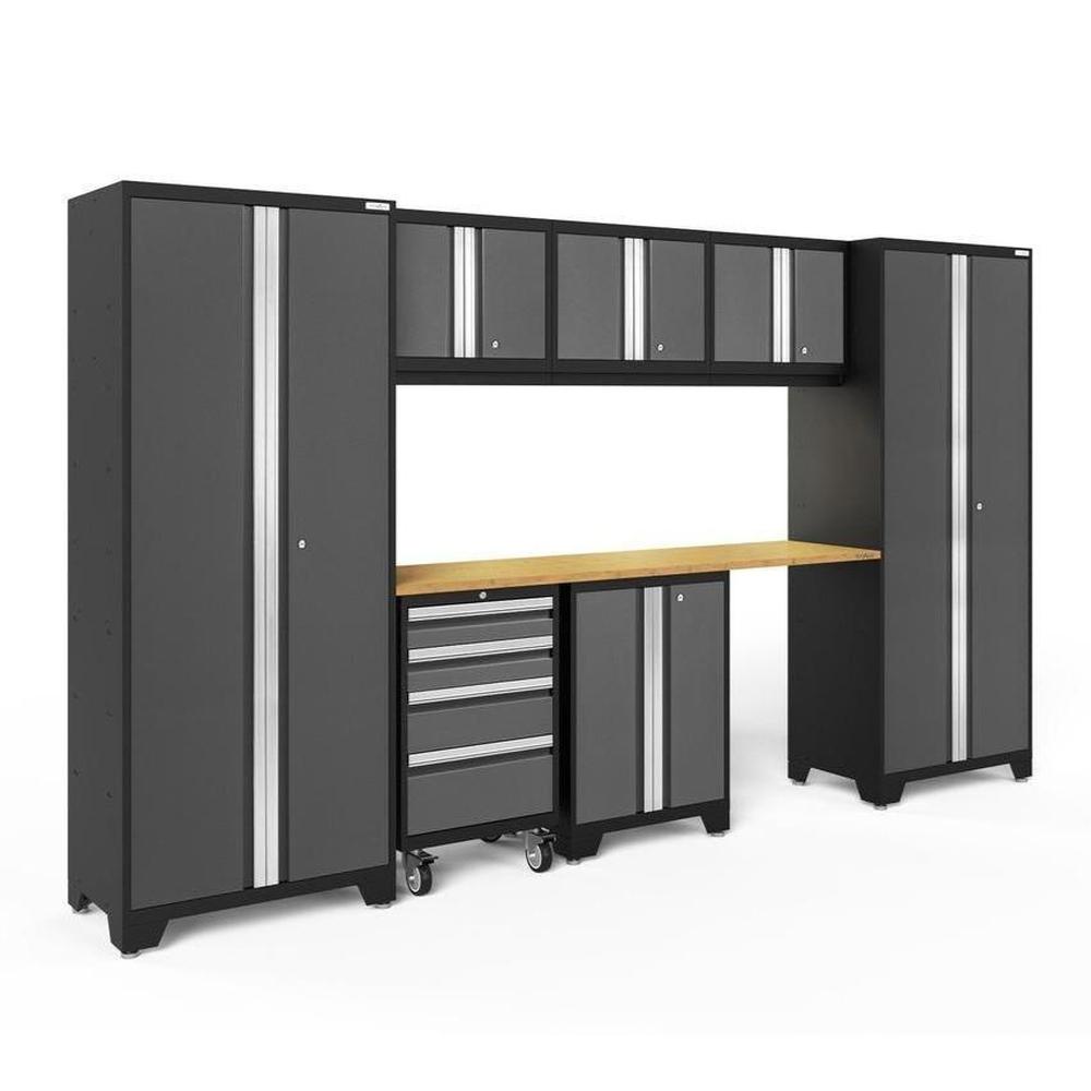 Newage Products Bold 3.0 Series 8-Piece Garage Cabinet Set-50427-Grey-Bamboo Worktop-LED Lights-Garage Giant