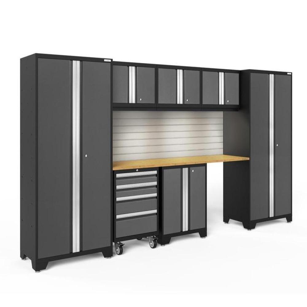 Newage Products Bold 3.0 Series 8-Piece Garage Cabinet Set-50464-Grey-Bamboo Worktop-LED Lights + Slatwall Backsplash-Garage Giant