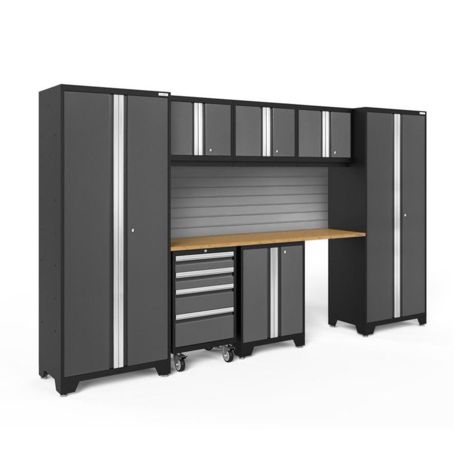 Newage Products Bold 3.0 Series 8-Piece Garage Cabinet Set-50462-Grey-Bamboo Worktop-Slatwall Backsplash-Garage Giant