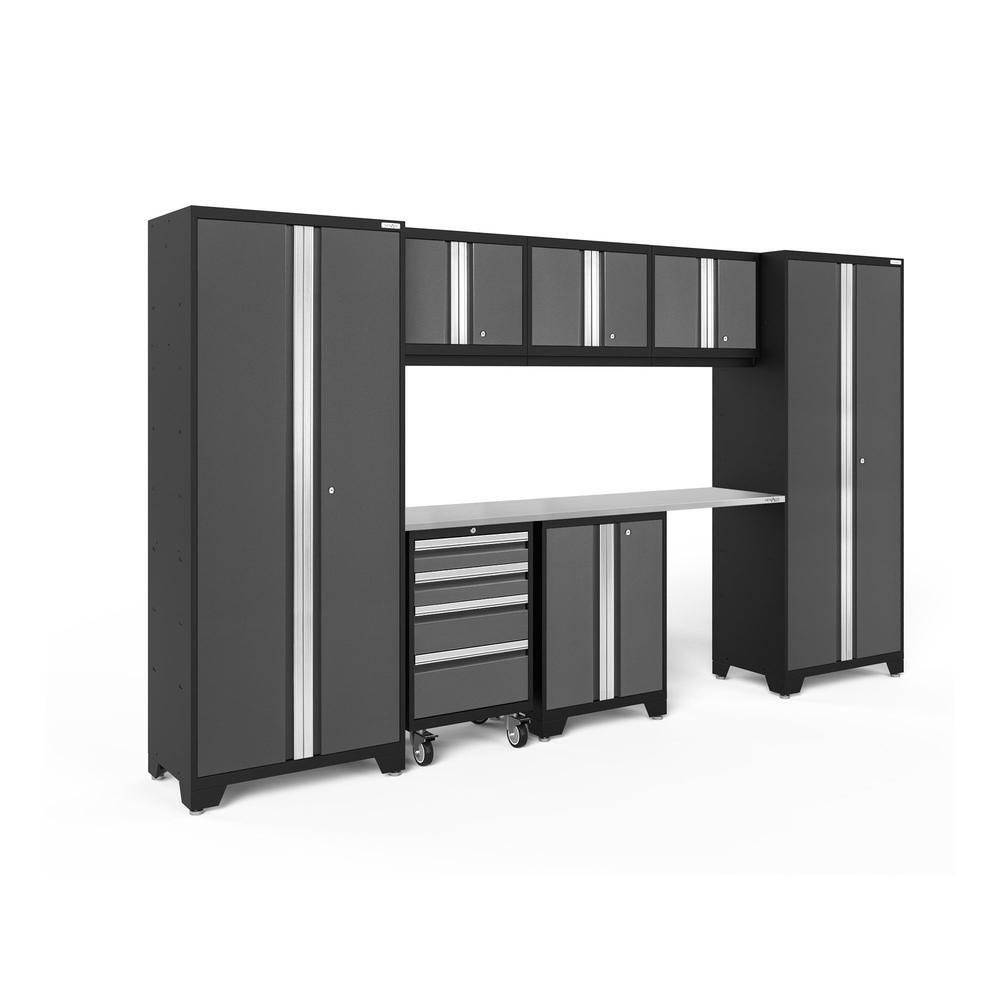 Newage Products Bold 3.0 Series 8-Piece Garage Cabinet Set-50404-Grey-Stainless Steel Worktop-None-Garage Giant
