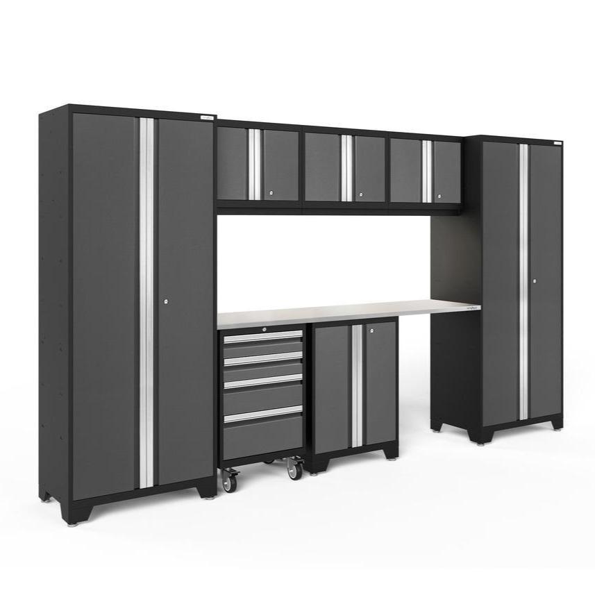 Newage Products Bold 3.0 Series 8-Piece Garage Cabinet Set-50426-Grey-Stainless Steel Worktop-LED Lights-Garage Giant