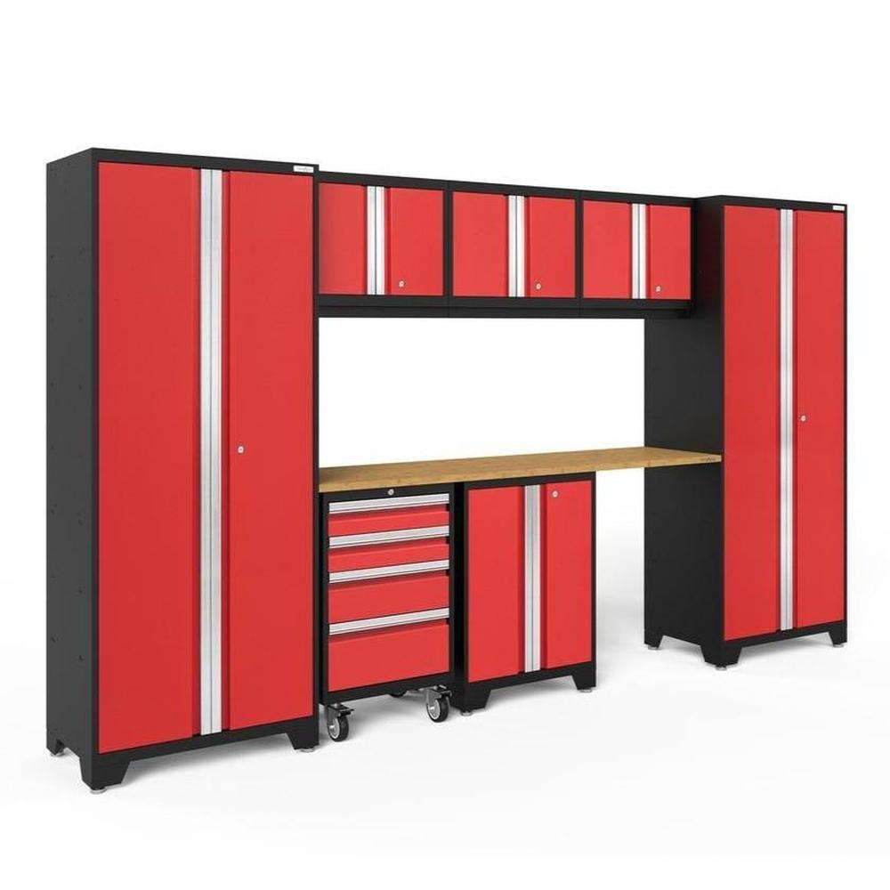 Newage Products Bold 3.0 Series 8-Piece Garage Cabinet Set-50605-Red-Bamboo Worktop-None-Garage Giant